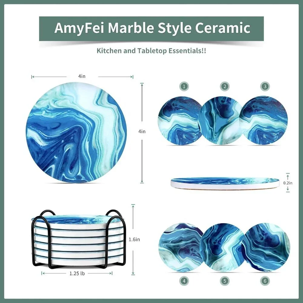 Ceramic Marble Coasters, 6 Sets of Round Tea Coasters with Holder on Dark Blue W